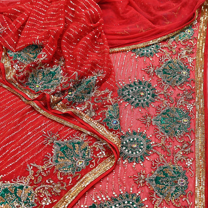 Indian Heavy Sari Dark Orange Net Hand Embroidered Sarees Craft Fabric 6Yd Sewing Soft Zardozi Wedding sarees With Blouse fabric