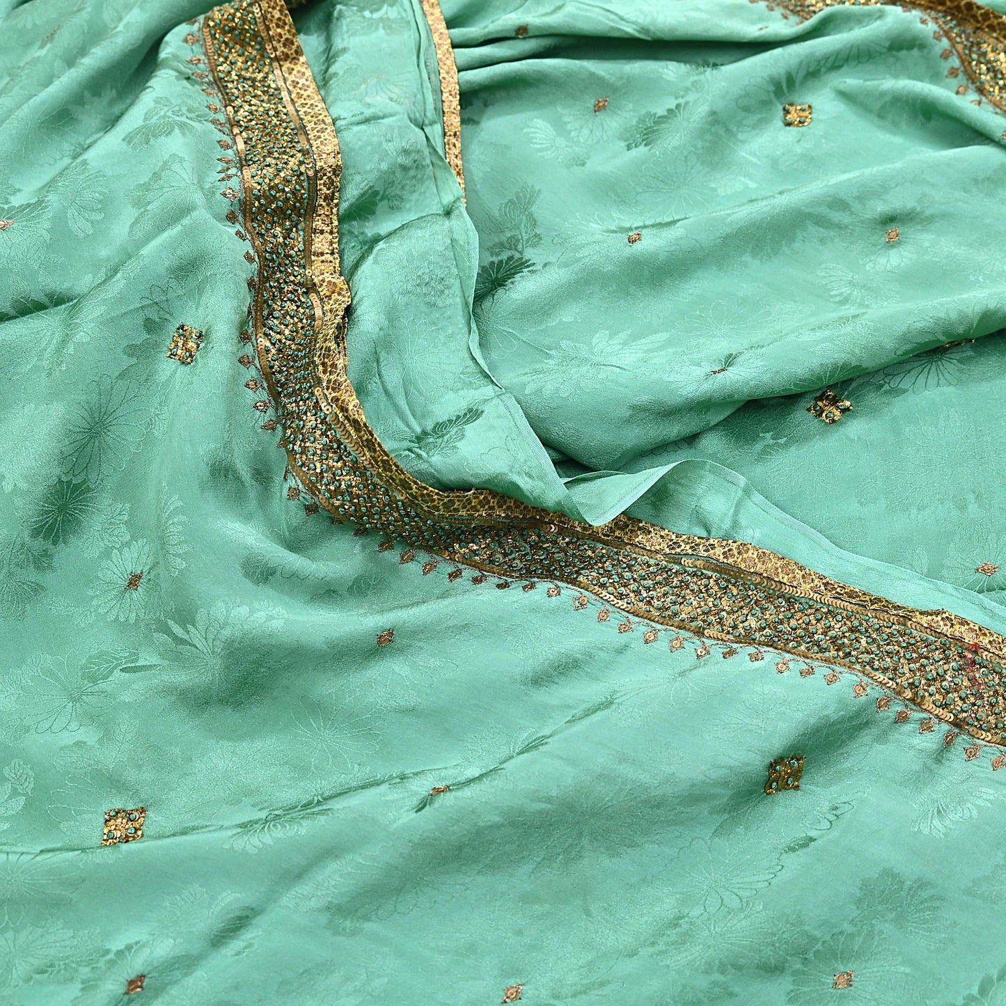 Indian Vintage Heavy Sari Sage Green Pure Crepe Silk Hand Embroidered Sarees Craft Fabric 6Yd Sewing Zardozi Dress making