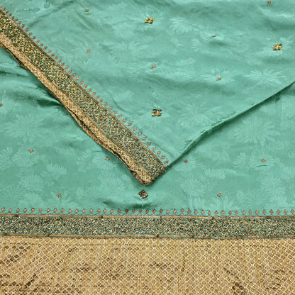 Indian Vintage Heavy Sari Sage Green Pure Crepe Silk Hand Embroidered Sarees Craft Fabric 6Yd Sewing Zardozi Dress making