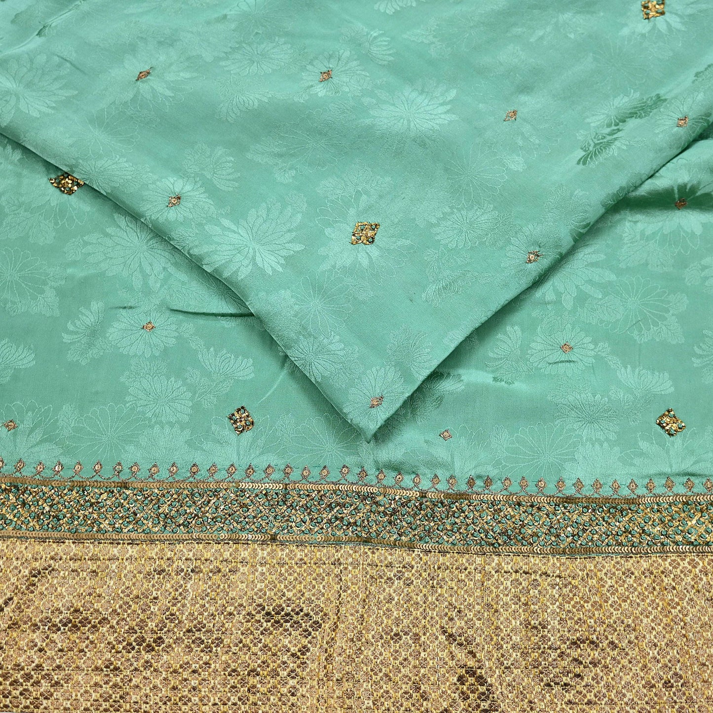 Indian Vintage Heavy Sari Sage Green Pure Crepe Silk Hand Embroidered Sarees Craft Fabric 6Yd Sewing Zardozi Dress making
