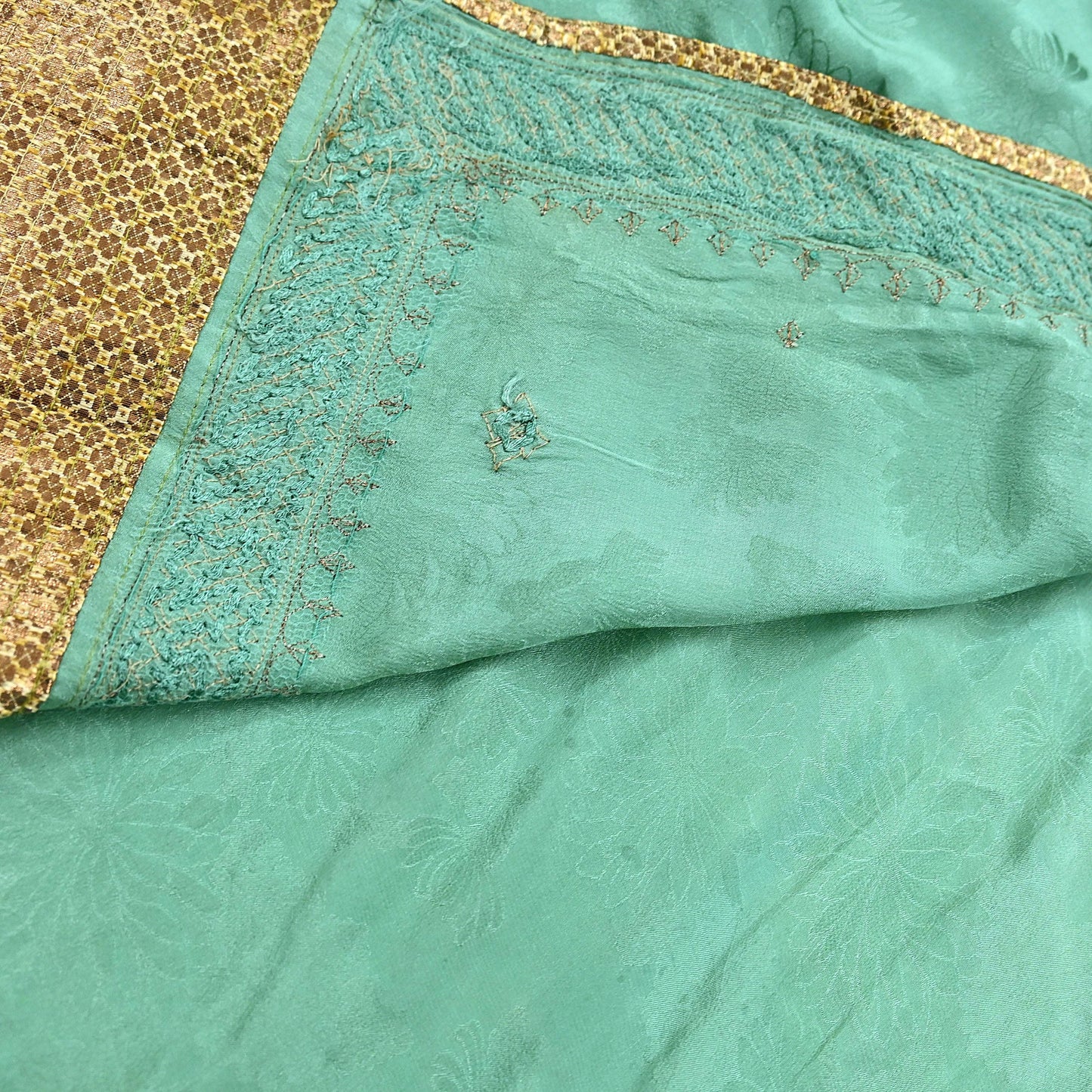 Indian Vintage Heavy Sari Sage Green Pure Crepe Silk Hand Embroidered Sarees Craft Fabric 6Yd Sewing Zardozi Dress making