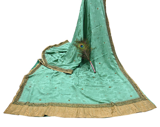 Indian Vintage Heavy Sari Sage Green Pure Crepe Silk Hand Embroidered Sarees Craft Fabric 6Yd Sewing Zardozi Dress making