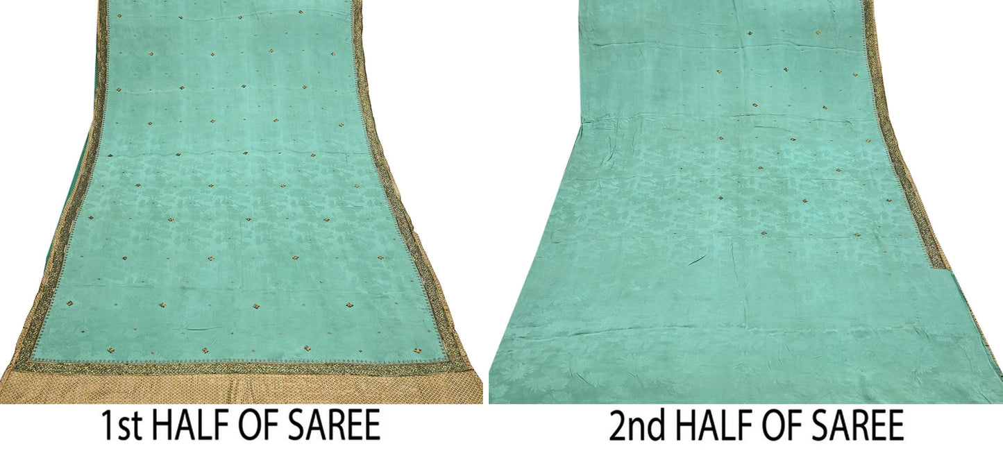 Indian Vintage Heavy Sari Sage Green Pure Crepe Silk Hand Embroidered Sarees Craft Fabric 6Yd Sewing Zardozi Dress making