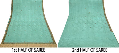 Indian Vintage Heavy Sari Sage Green Pure Crepe Silk Hand Embroidered Sarees Craft Fabric 6Yd Sewing Zardozi Dress making
