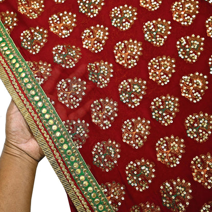 Indian Vintage Heavy Green & Red Saree Georgette Embroidered Sari Craft Fabric 5Yd Sewing Soft Ethnic Zari Dress Making wedding Sari