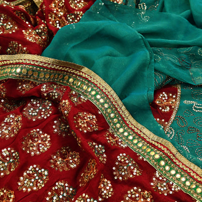 Indian Vintage Heavy Green & Red Saree Georgette Embroidered Sari Craft Fabric 5Yd Sewing Soft Ethnic Zari Dress Making wedding Sari
