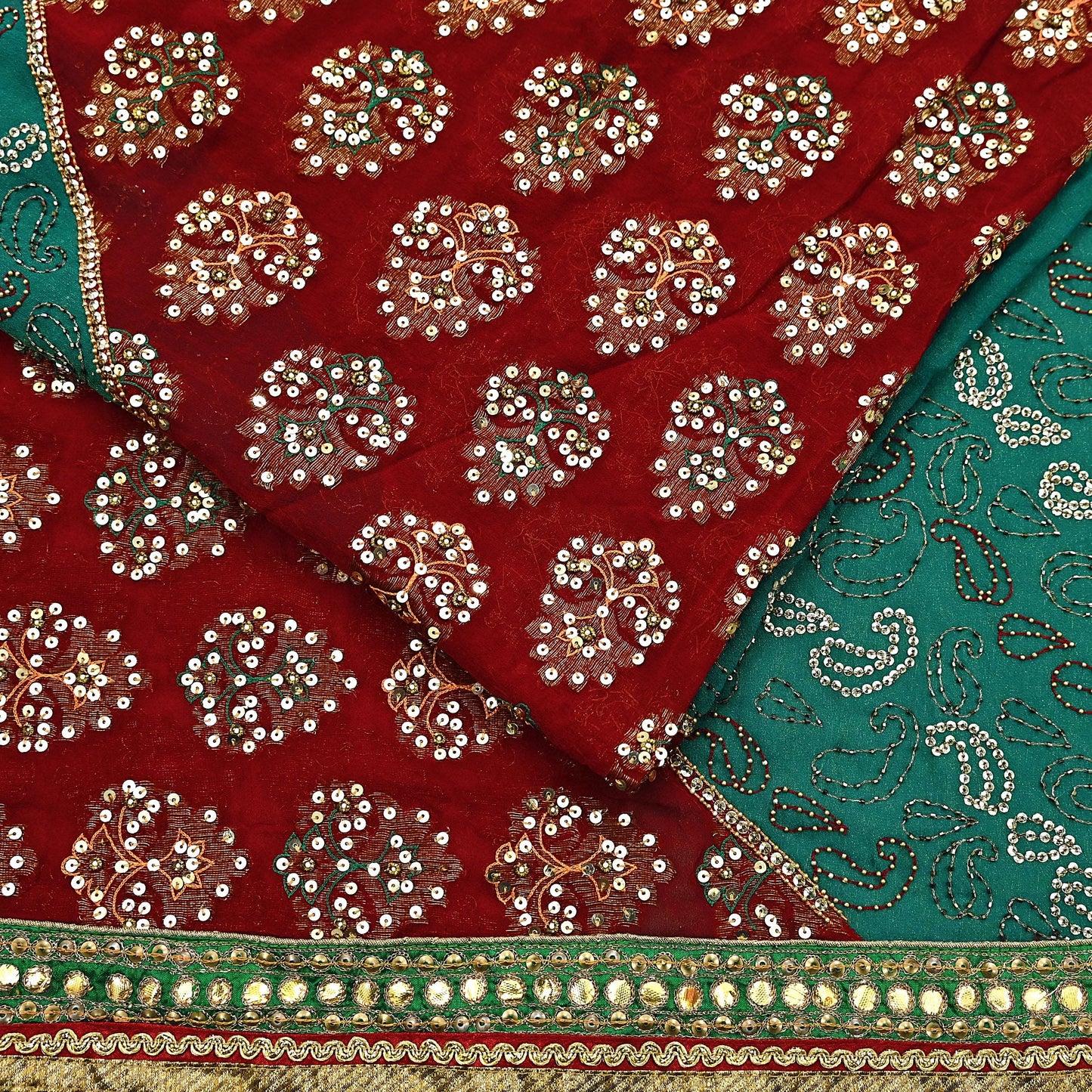 Indian Vintage Heavy Green & Red Saree Georgette Embroidered Sari Craft Fabric 5Yd Sewing Soft Ethnic Zari Dress Making wedding Sari