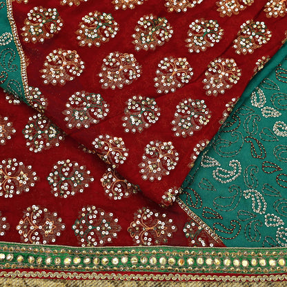 Indian Vintage Heavy Green & Red Saree Georgette Embroidered Sari Craft Fabric 5Yd Sewing Soft Ethnic Zari Dress Making wedding Sari