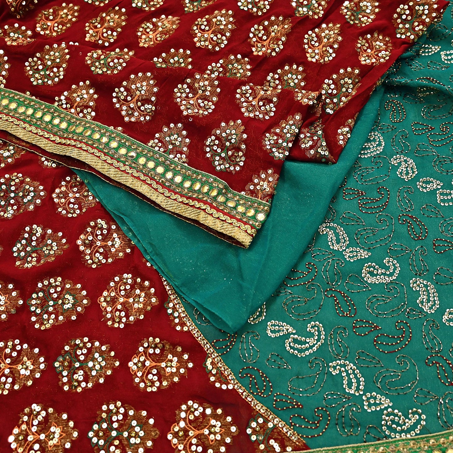Indian Vintage Heavy Green & Red Saree Georgette Embroidered Sari Craft Fabric 5Yd Sewing Soft Ethnic Zari Dress Making wedding Sari