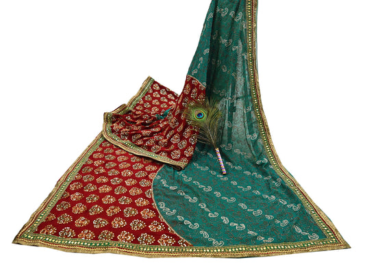 Indian Vintage Heavy Green & Red Saree Georgette Embroidered Sari Craft Fabric 5Yd Sewing Soft Ethnic Zari Dress Making wedding Sari