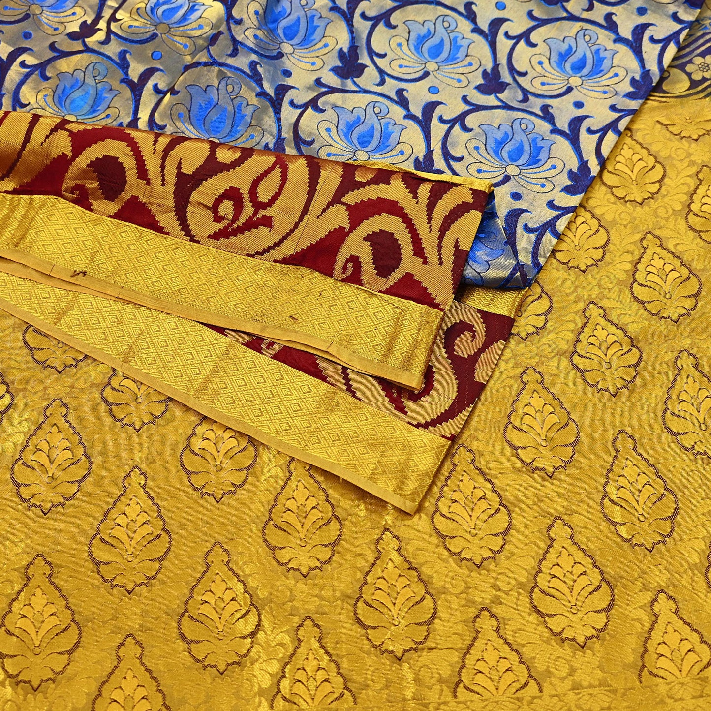 Indian Vintage Heavy Saree Blue & Brown Hand Woven Kanjivaram 100% Pure Silk Sari Craft Fabric 5Yd Ethnic Zari Fringes Dress making Used