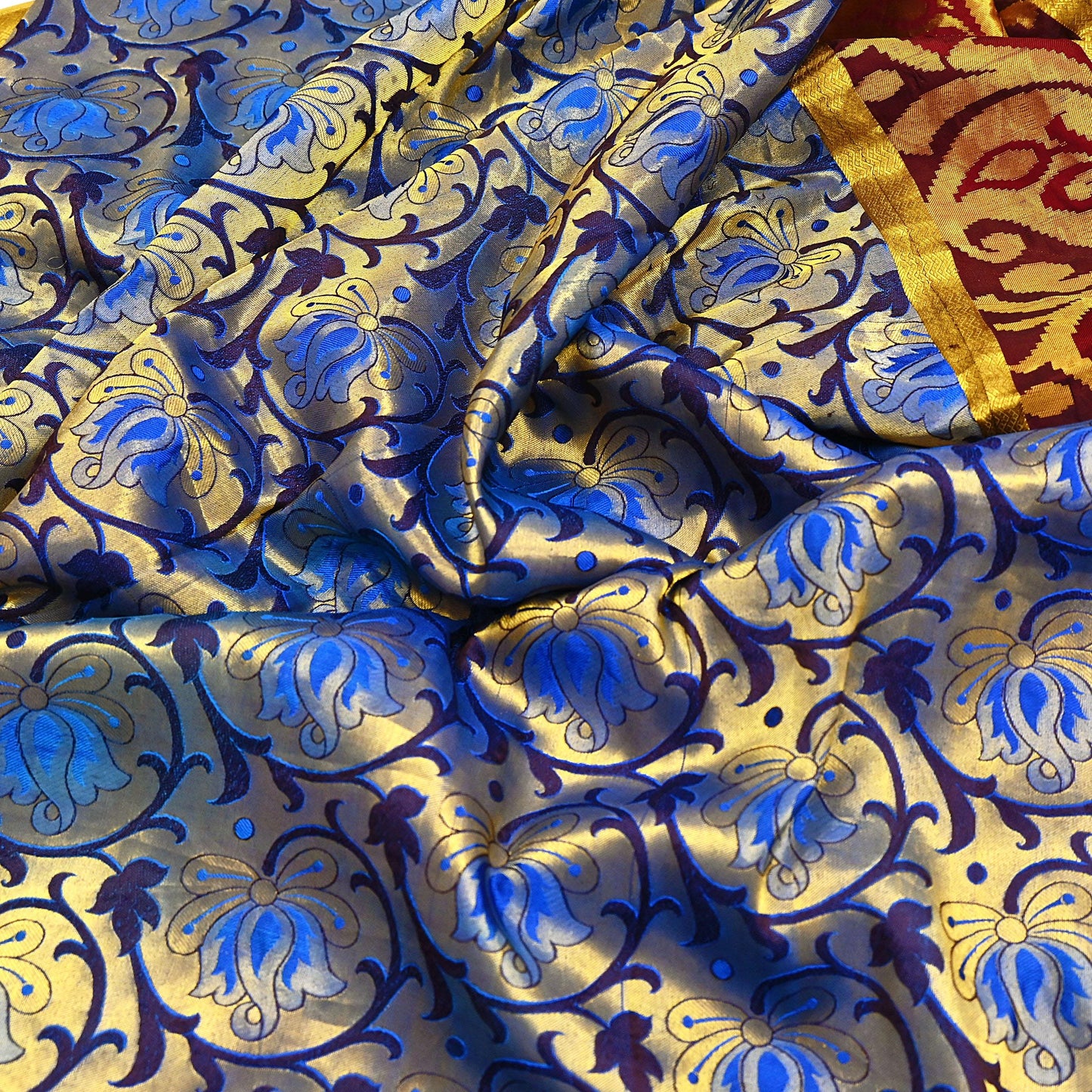 Indian Vintage Heavy Saree Blue & Brown Hand Woven Kanjivaram 100% Pure Silk Sari Craft Fabric 5Yd Ethnic Zari Fringes Dress making Used