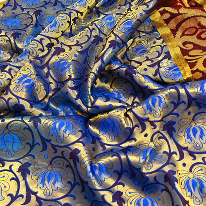 Indian Vintage Heavy Saree Blue & Brown Hand Woven Kanjivaram 100% Pure Silk Sari Craft Fabric 5Yd Ethnic Zari Fringes Dress making Used