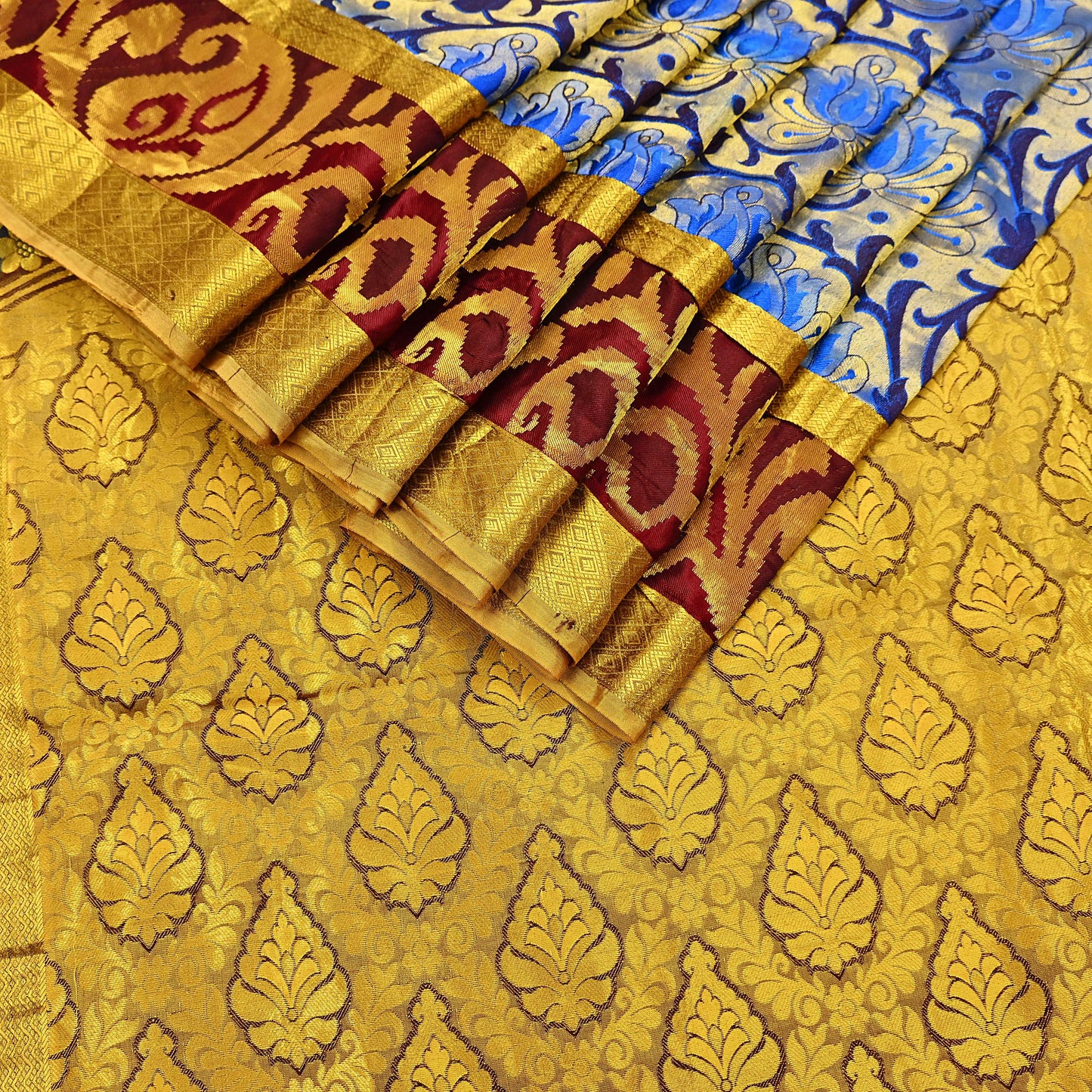 Indian Vintage Heavy Saree Blue & Brown Hand Woven Kanjivaram 100% Pure Silk Sari Craft Fabric 5Yd Ethnic Zari Fringes Dress making Used