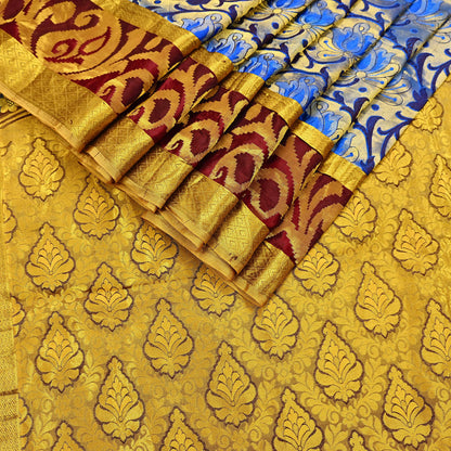 Indian Vintage Heavy Saree Blue & Brown Hand Woven Kanjivaram 100% Pure Silk Sari Craft Fabric 5Yd Ethnic Zari Fringes Dress making Used