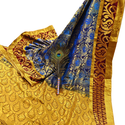 Indian Vintage Heavy Saree Blue & Brown Hand Woven Kanjivaram 100% Pure Silk Sari Craft Fabric 5Yd Ethnic Zari Fringes Dress making Used
