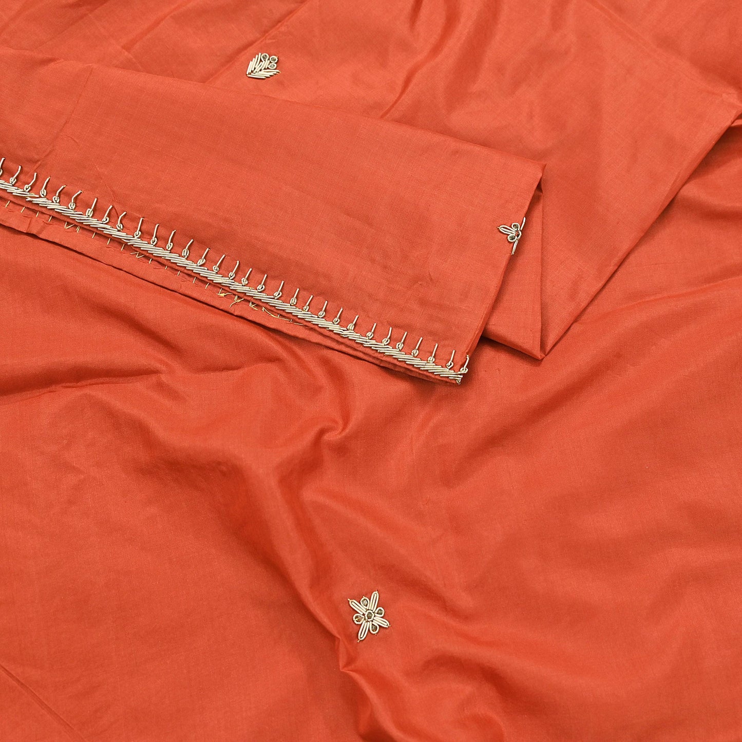 Indian Vintage Dupatta Orange Pure Silk Long Stole Hand Embroidered Scarves Floral Design Stole Veil Wrap Zardozi/ dabka