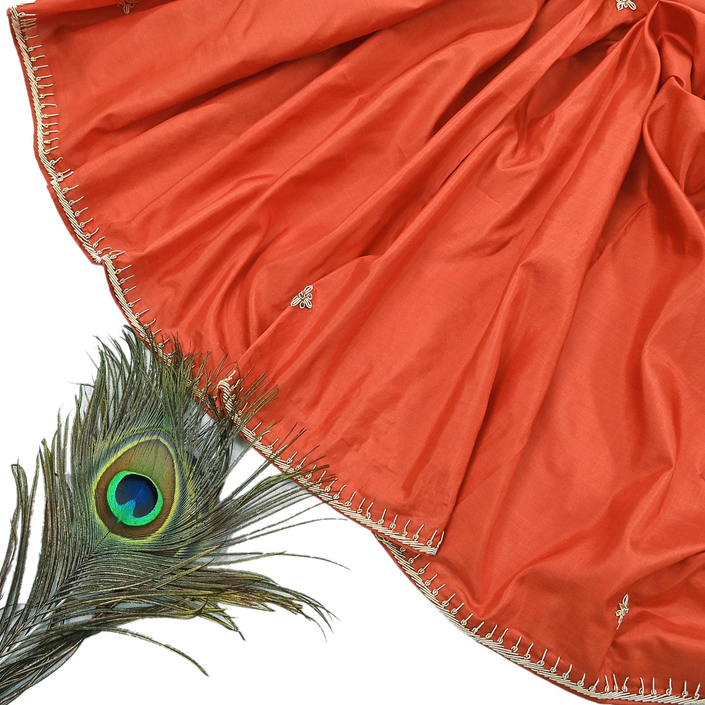 Indian Vintage Dupatta Orange Pure Silk Long Stole Hand Embroidered Scarves Floral Design Stole Veil Wrap Zardozi/ dabka