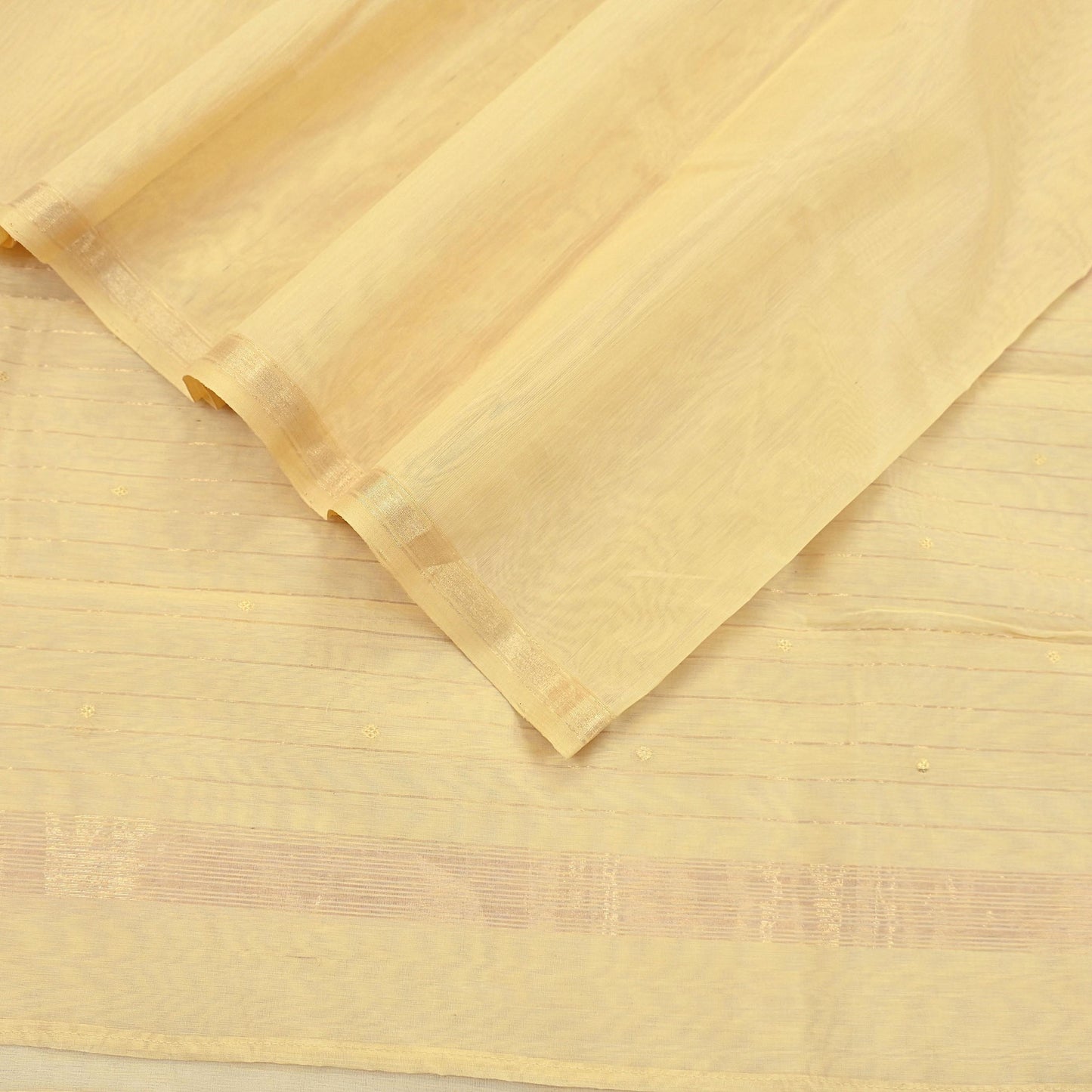 Indian Vintage Dupatta Beige Long Stole Printed Woven Chanderi Cotton Scarves Veil Golden Zari Soft Stripes Design