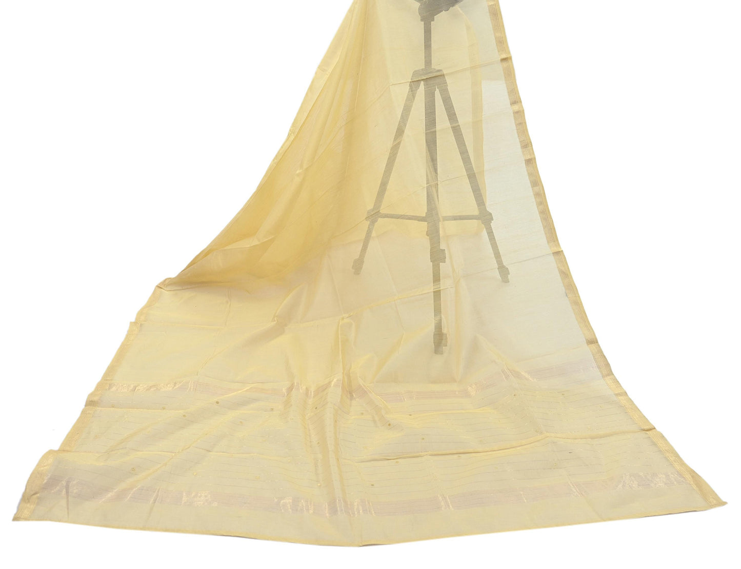 Indian Vintage Dupatta Beige Long Stole Printed Woven Chanderi Cotton Scarves Veil Golden Zari Soft Stripes Design