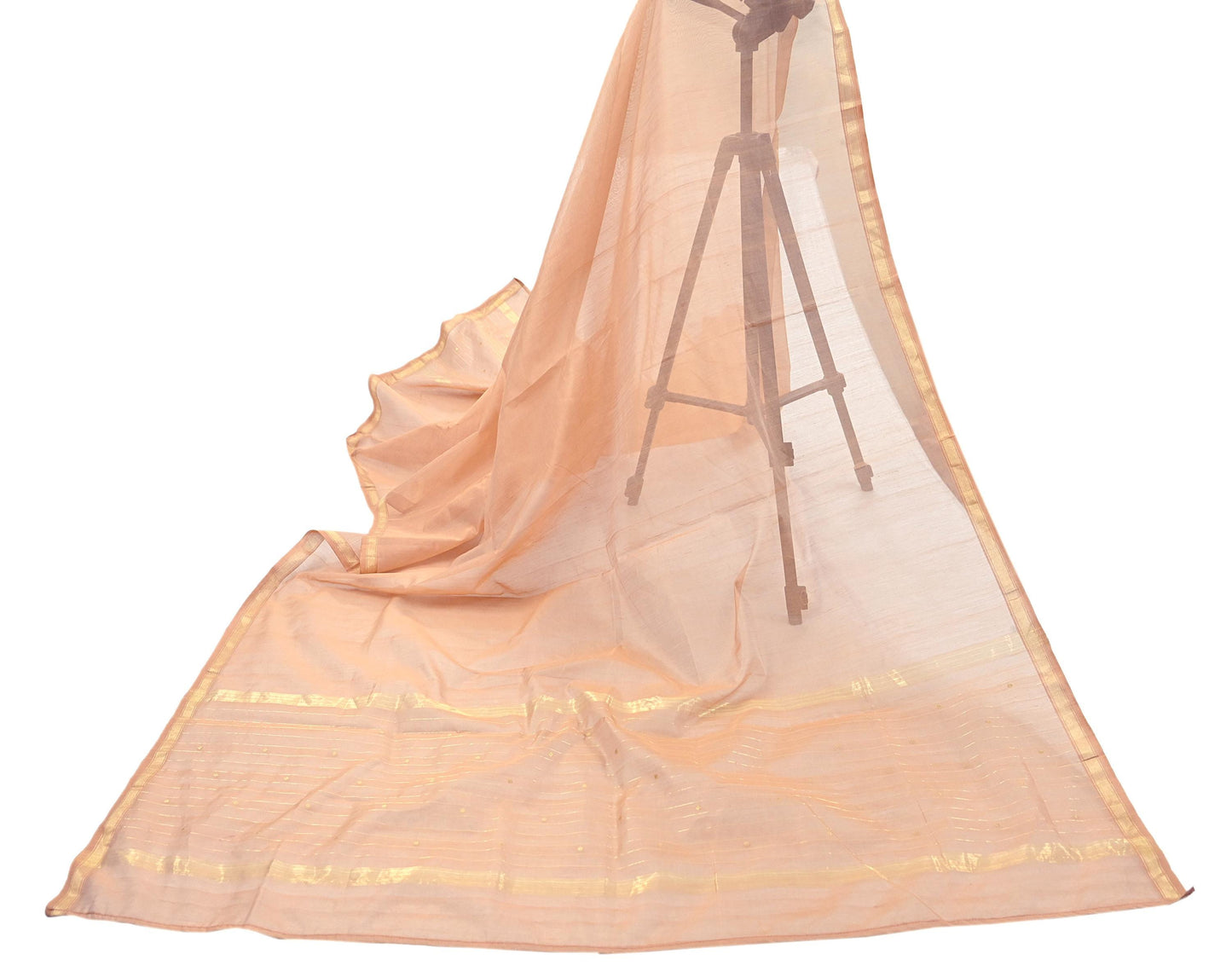 Indian Vintage Dupatta Peach Long Stole Printed Woven Chanderi Cotton Scarves Veil Golden Zari Soft Stripes Design