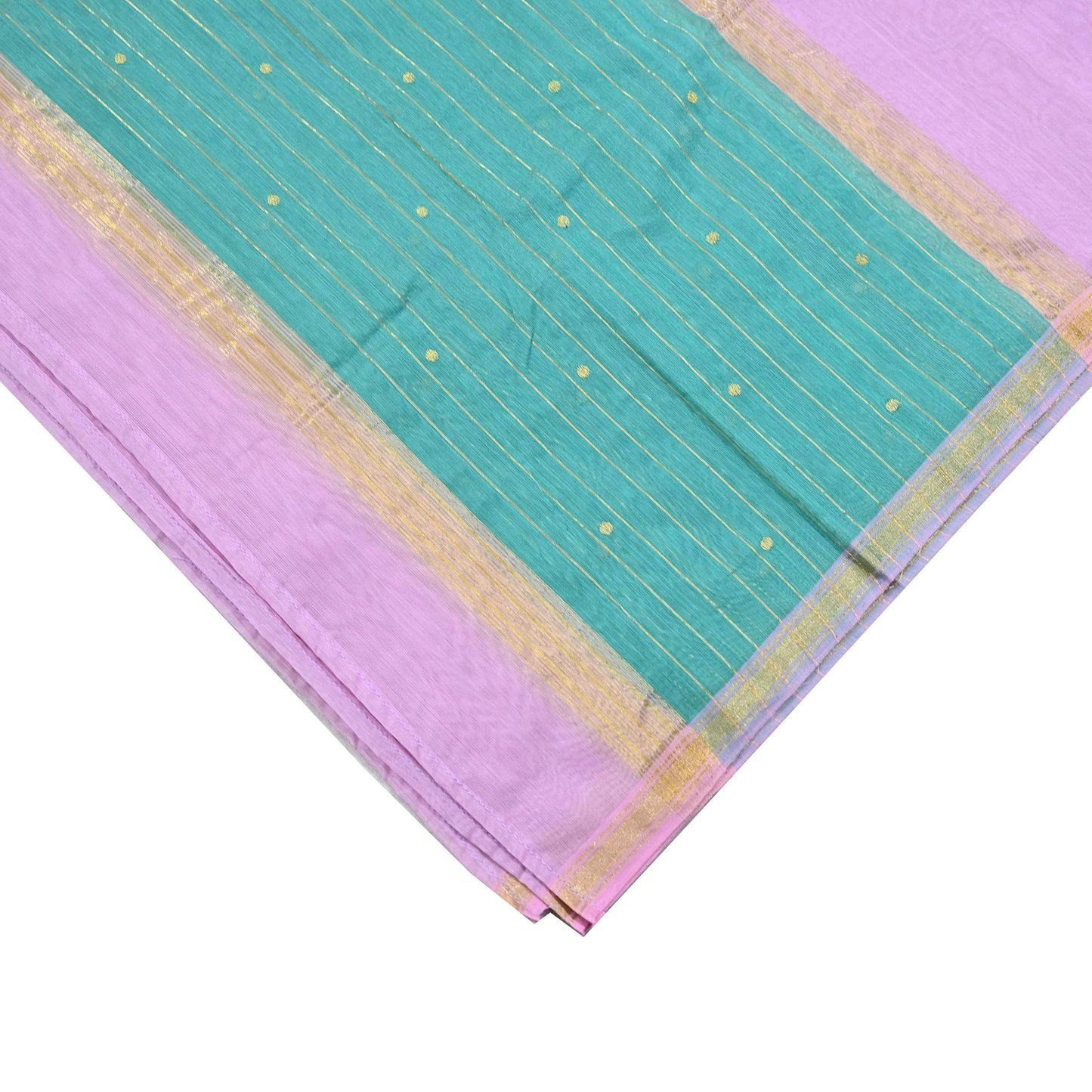 Indian Vintage Dupatta Pink & Green Long Stole Printed Woven Chanderi Cotton Scarves Veil Golden Zari Soft Stripes Design