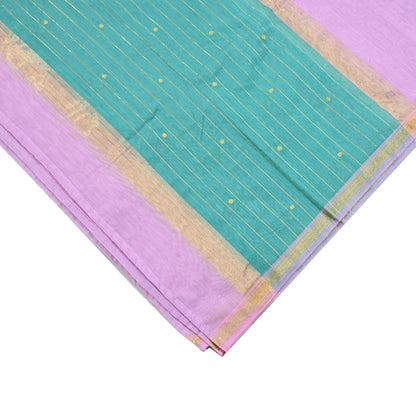Indian Vintage Dupatta Pink & Green Long Stole Printed Woven Chanderi Cotton Scarves Veil Golden Zari Soft Stripes Design