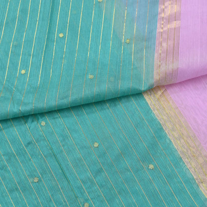 Indian Vintage Dupatta Pink & Green Long Stole Printed Woven Chanderi Cotton Scarves Veil Golden Zari Soft Stripes Design