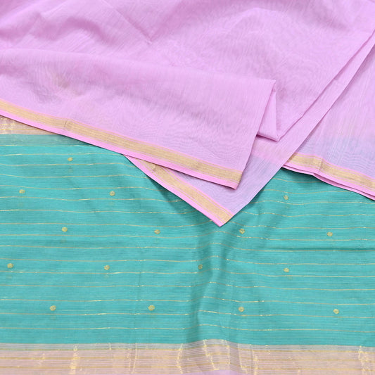 Indian Vintage Dupatta Pink & Green Long Stole Printed Woven Chanderi Cotton Scarves Veil Golden Zari Soft Stripes Design
