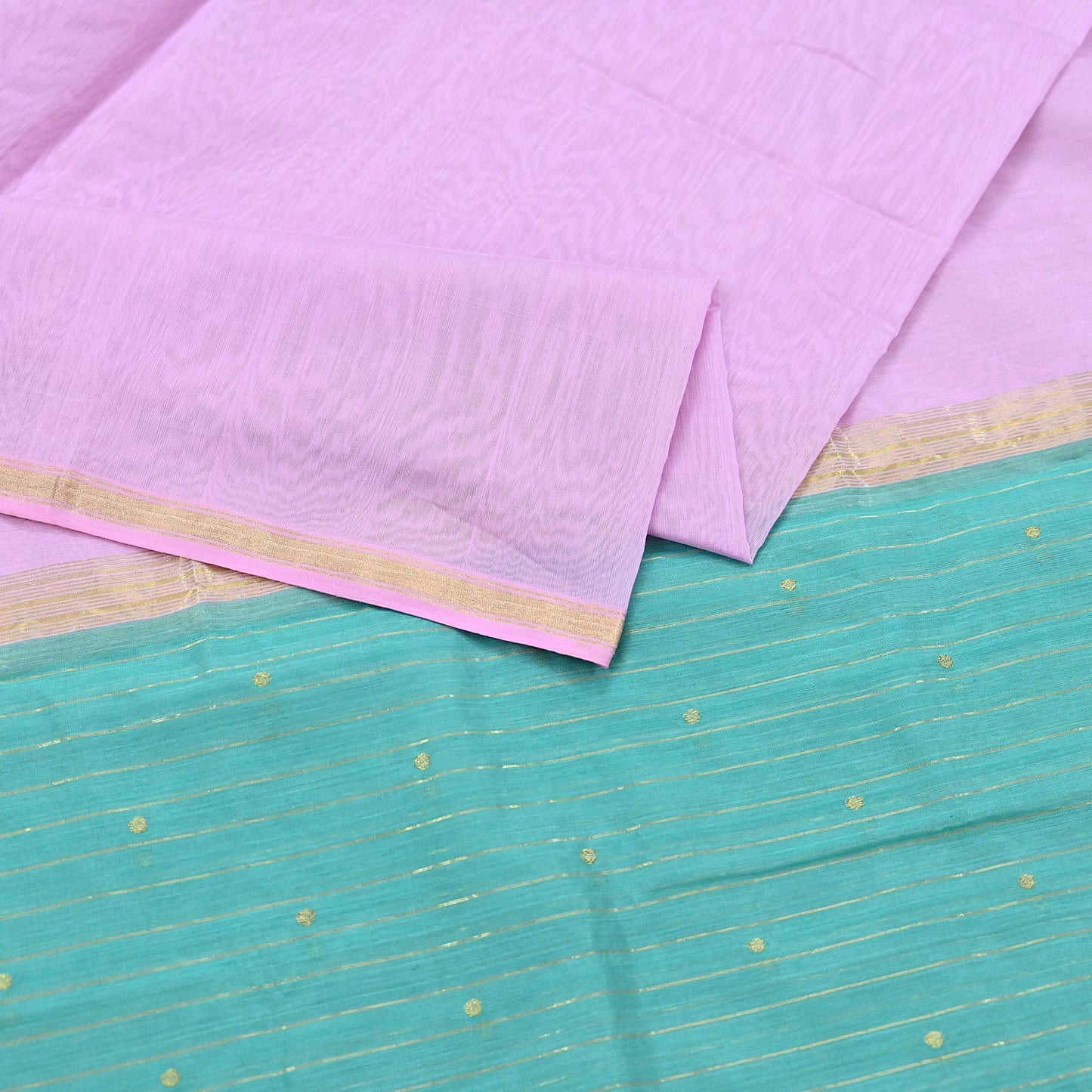 Indian Vintage Dupatta Pink & Green Long Stole Printed Woven Chanderi Cotton Scarves Veil Golden Zari Soft Stripes Design
