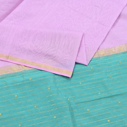 Indian Vintage Dupatta Pink & Green Long Stole Printed Woven Chanderi Cotton Scarves Veil Golden Zari Soft Stripes Design