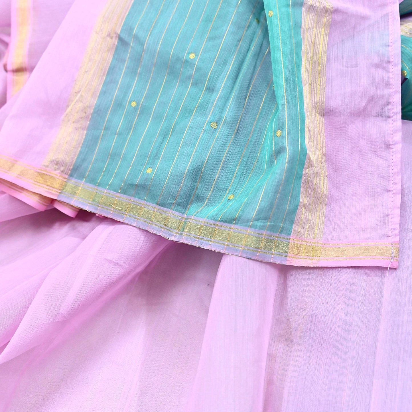 Indian Vintage Dupatta Pink & Green Long Stole Printed Woven Chanderi Cotton Scarves Veil Golden Zari Soft Stripes Design