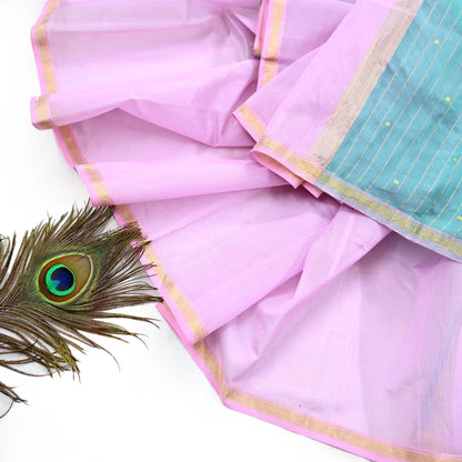Indian Vintage Dupatta Pink & Green Long Stole Printed Woven Chanderi Cotton Scarves Veil Golden Zari Soft Stripes Design