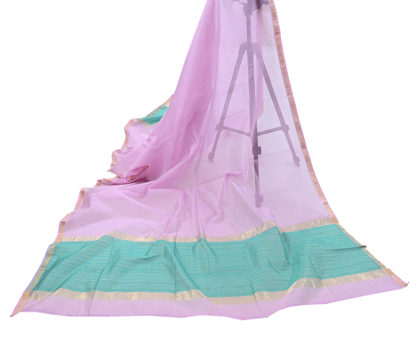 Indian Vintage Dupatta Pink & Green Long Stole Printed Woven Chanderi Cotton Scarves Veil Golden Zari Soft Stripes Design
