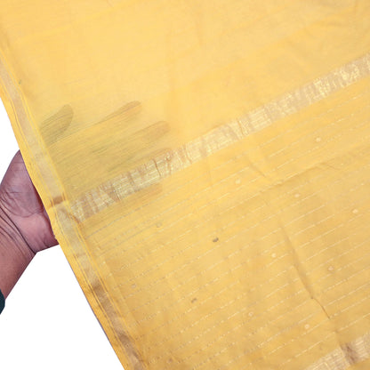Indian Vintage Dupatta Yellow Long Stole Printed Woven Chanderi Cotton Scarves Veil Golden Zari Soft Stripes Design