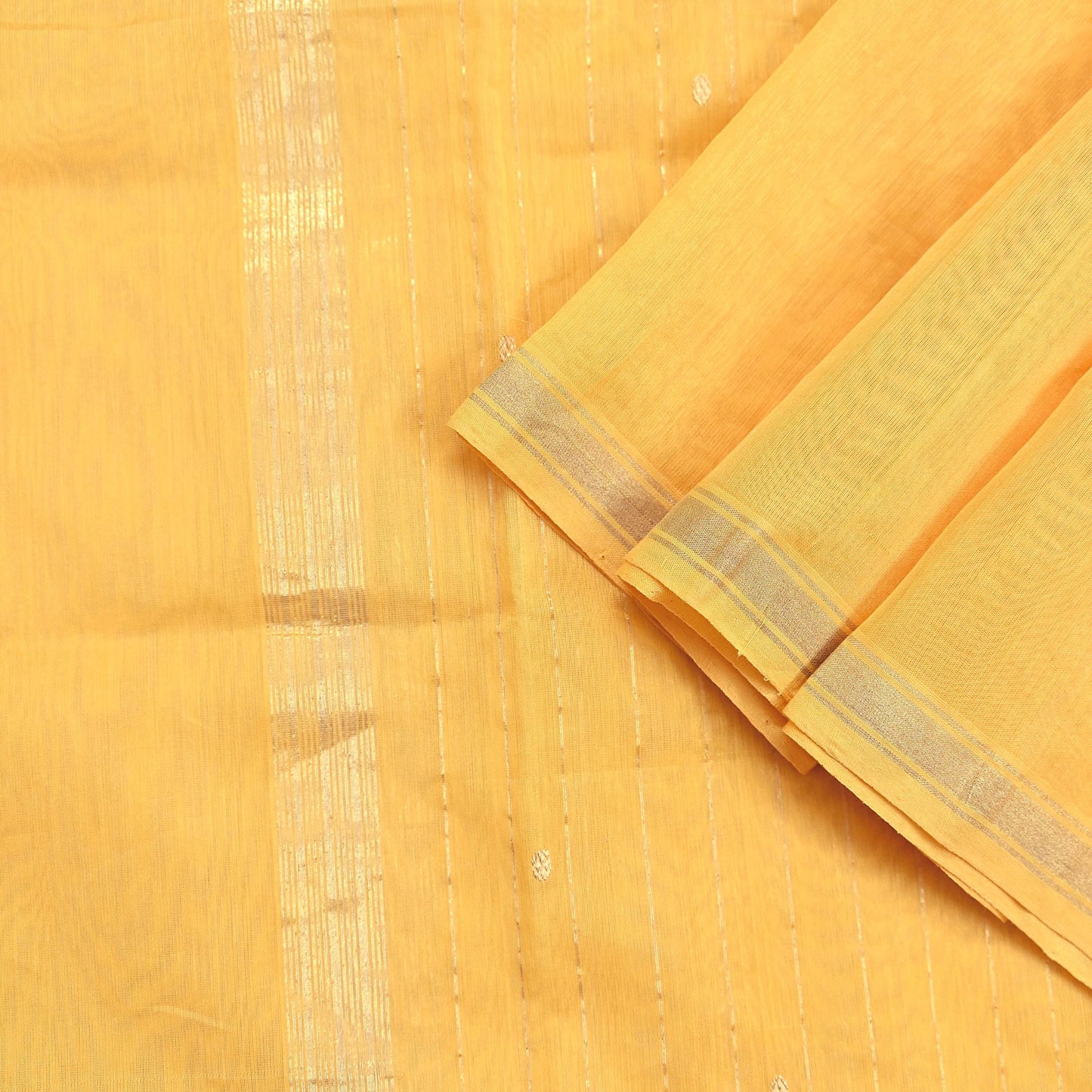 Indian Vintage Dupatta Yellow Long Stole Printed Woven Chanderi Cotton Scarves Veil Golden Zari Soft Stripes Design