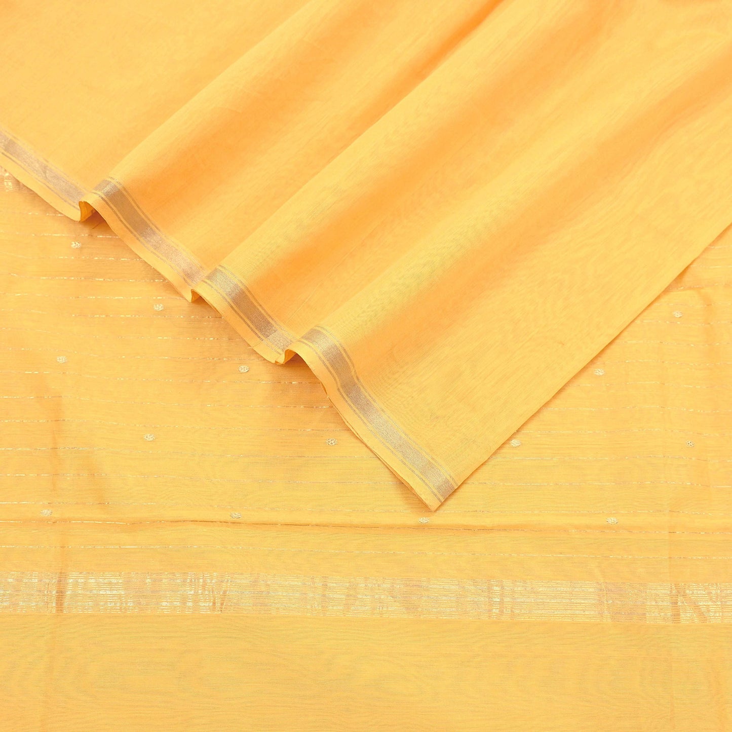 Indian Vintage Dupatta Yellow Long Stole Printed Woven Chanderi Cotton Scarves Veil Golden Zari Soft Stripes Design