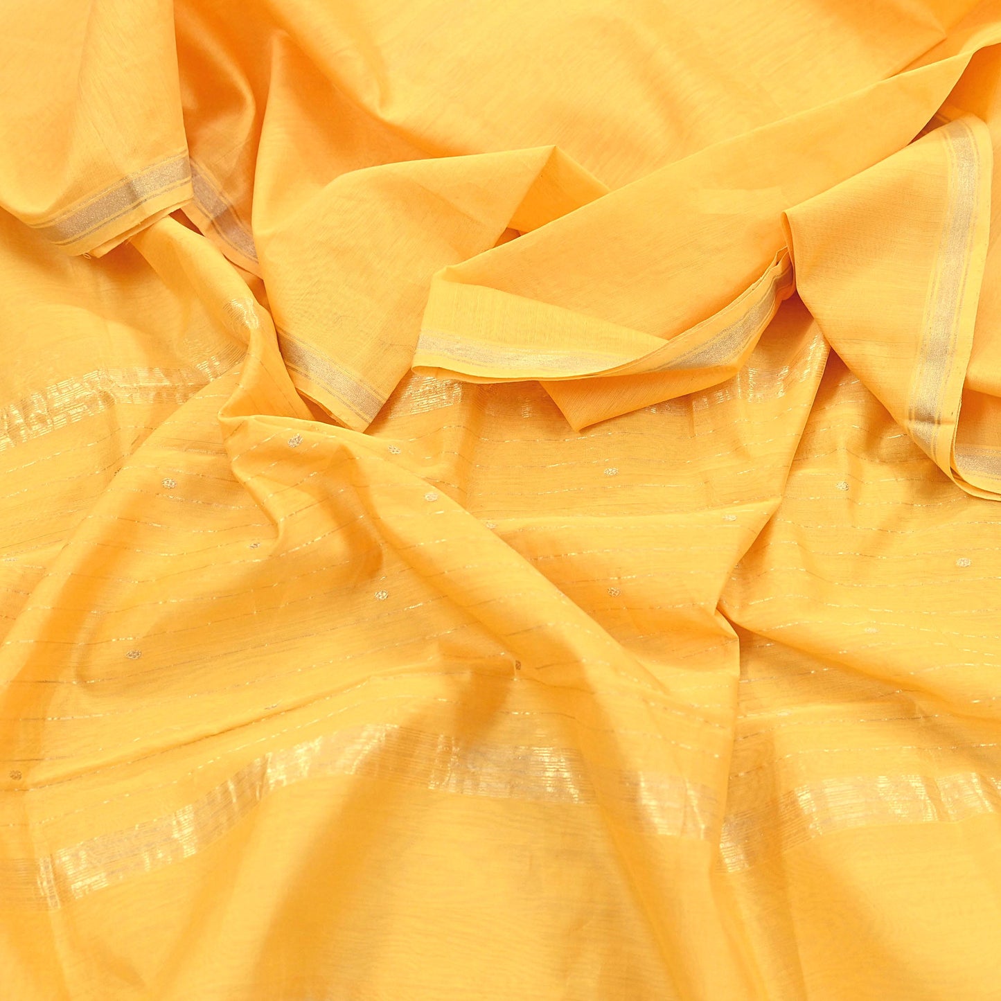 Indian Vintage Dupatta Yellow Long Stole Printed Woven Chanderi Cotton Scarves Veil Golden Zari Soft Stripes Design