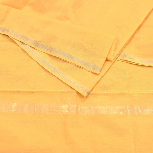 Indian Vintage Dupatta Yellow Long Stole Printed Woven Chanderi Cotton Scarves Veil Golden Zari Soft Stripes Design