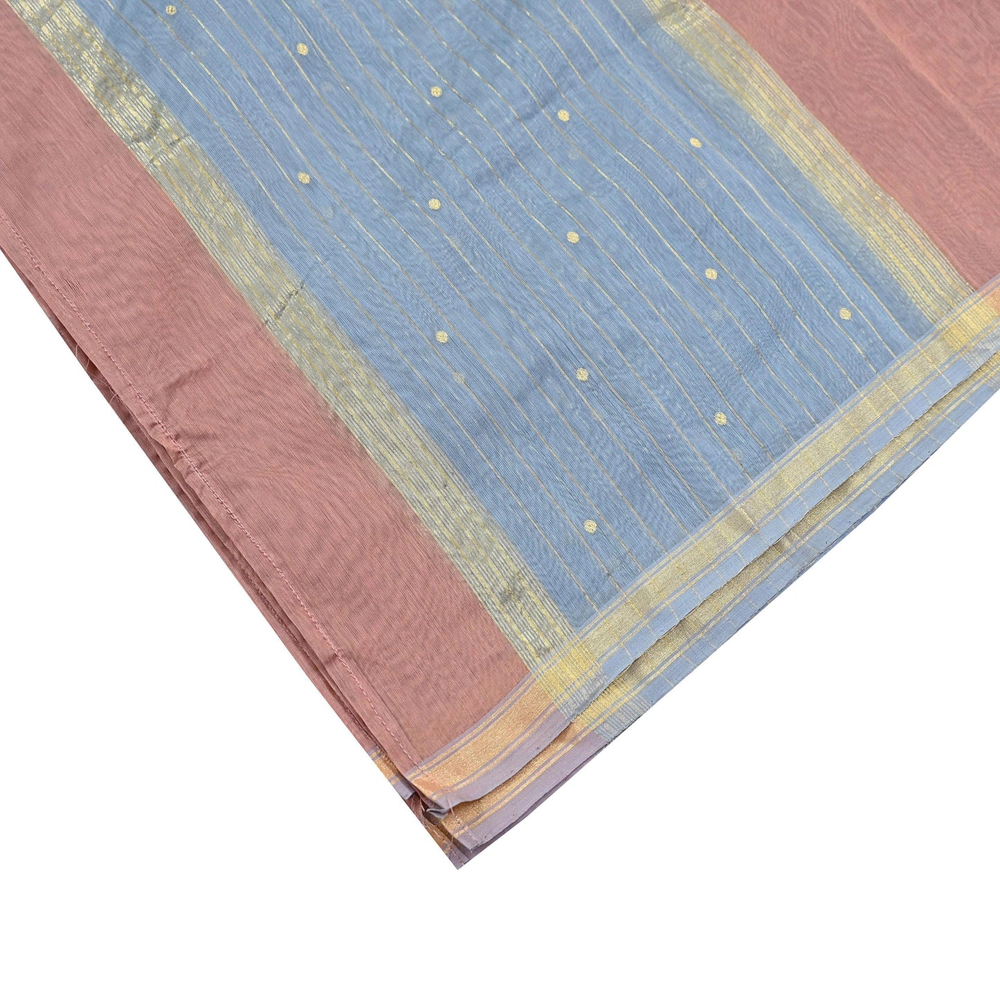 Indian Vintage Dupatta Gray & Brown Long Stole Printed Woven Chanderi Cotton Scarves Veil Golden Zari Soft Stripes Design