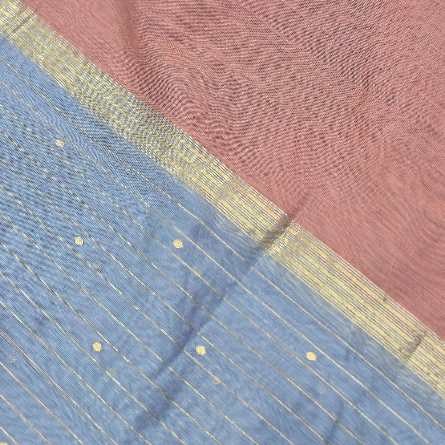 Indian Vintage Dupatta Gray & Brown Long Stole Printed Woven Chanderi Cotton Scarves Veil Golden Zari Soft Stripes Design