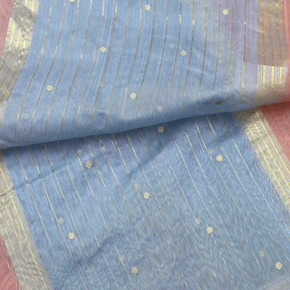 Indian Vintage Dupatta Gray & Brown Long Stole Printed Woven Chanderi Cotton Scarves Veil Golden Zari Soft Stripes Design