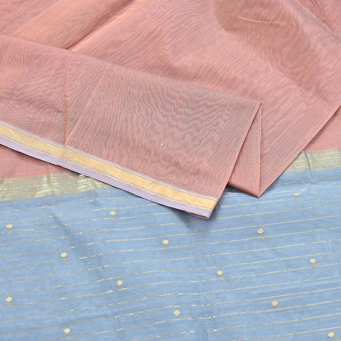 Indian Vintage Dupatta Gray & Brown Long Stole Printed Woven Chanderi Cotton Scarves Veil Golden Zari Soft Stripes Design