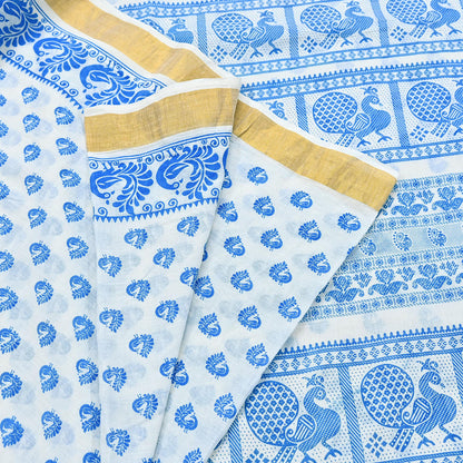 Indian Vintage Sari White Block Printed Pure Cotton Sarees Craft Fabric Soft 5Yd Sewing Sarong Wrap Boho Paisley Dress making Quilting