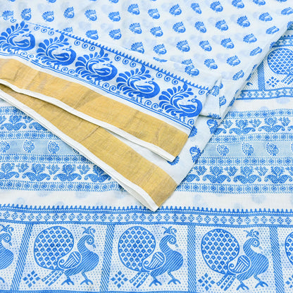 Indian Vintage Sari White Block Printed Pure Cotton Sarees Craft Fabric Soft 5Yd Sewing Sarong Wrap Boho Paisley Dress making Quilting