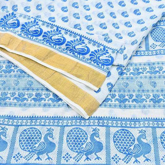 Indian Vintage Sari White Block Printed Pure Cotton Sarees Craft Fabric Soft 5Yd Sewing Sarong Wrap Boho Paisley Dress making Quilting