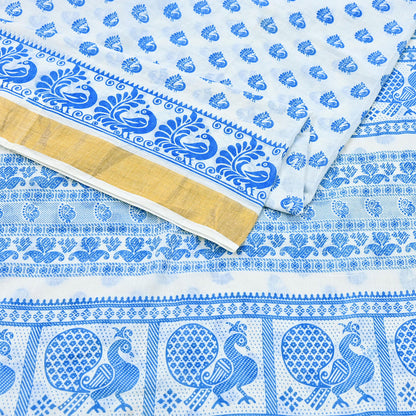 Indian Vintage Sari White Block Printed Pure Cotton Sarees Craft Fabric Soft 5Yd Sewing Sarong Wrap Boho Paisley Dress making Quilting