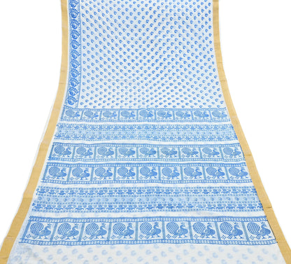 Indian Vintage Sari White Block Printed Pure Cotton Sarees Craft Fabric Soft 5Yd Sewing Sarong Wrap Boho Paisley Dress making Quilting