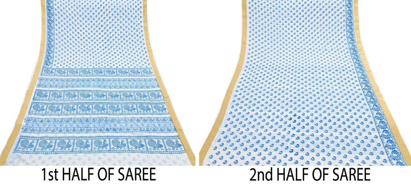 Indian Vintage Sari White Block Printed Pure Cotton Sarees Craft Fabric Soft 5Yd Sewing Sarong Wrap Boho Paisley Dress making Quilting