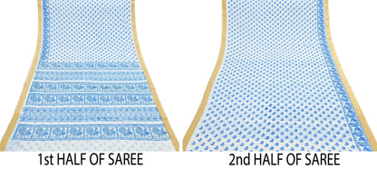 Indian Vintage Sari White Block Printed Pure Cotton Sarees Craft Fabric Soft 5Yd Sewing Sarong Wrap Boho Paisley Dress making Quilting